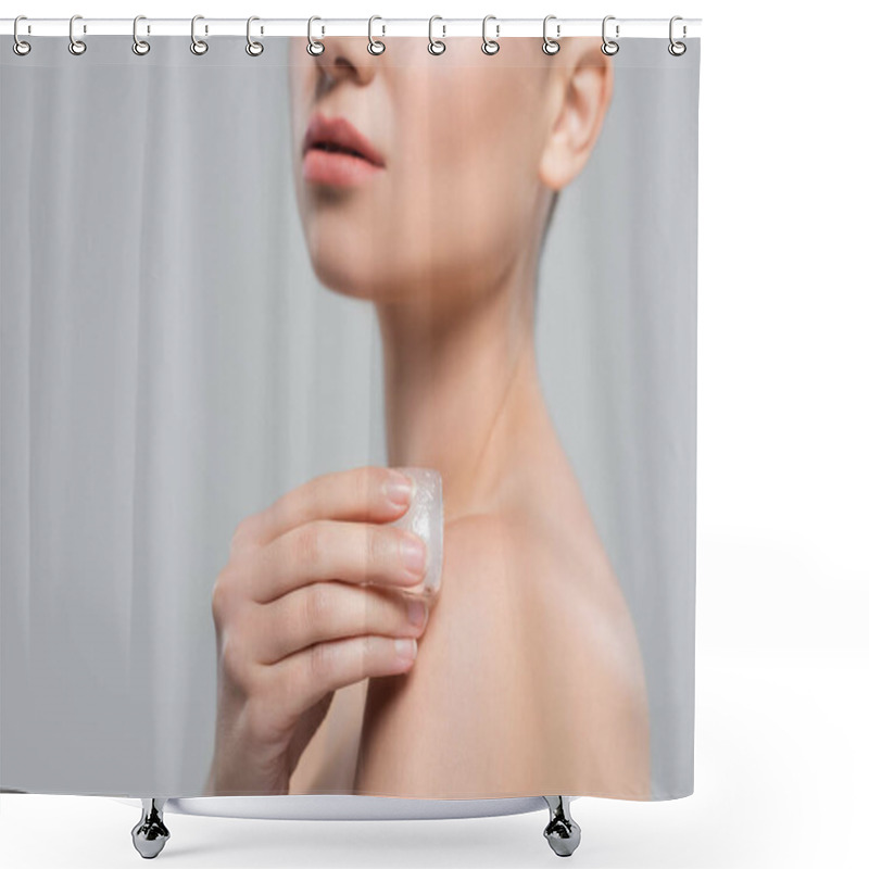 Personality  Partial View Of Woman With Clean Skin Applying Ice Cube To Bare Shoulder Isolated On Grey Shower Curtains