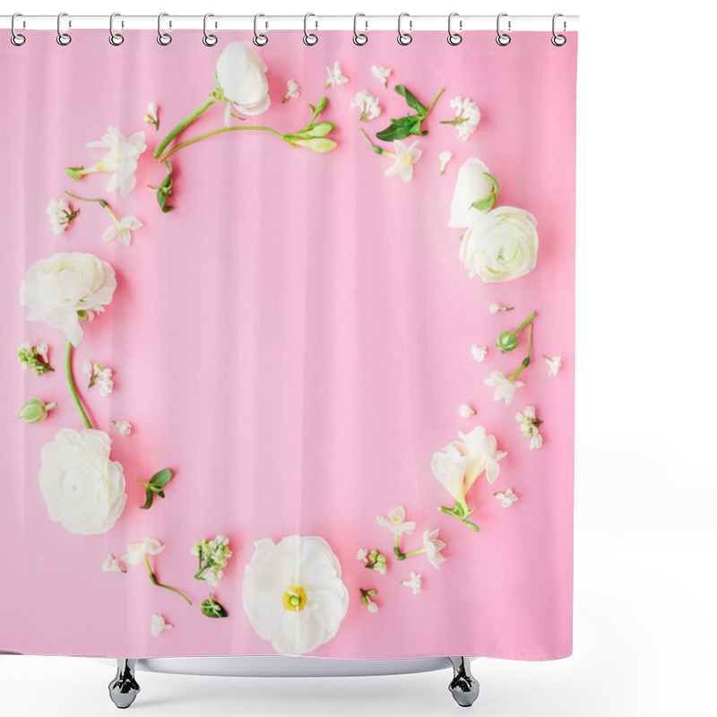 Personality  Top View Circle Of Flowers On Pastel Pink Background  Shower Curtains