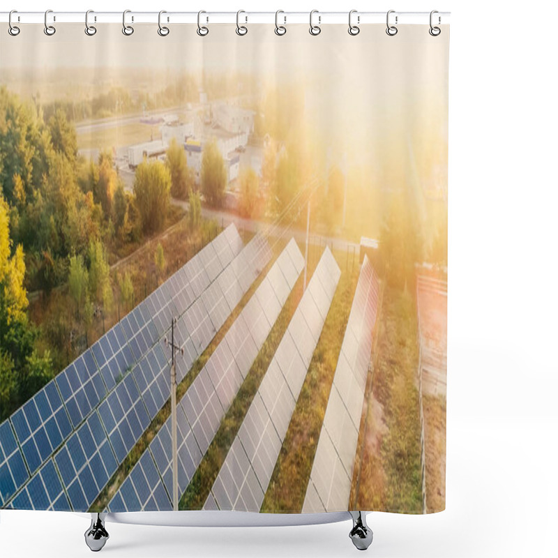 Personality  Aerial View Of Solar Panels And Power Lines At Sunset  Shower Curtains