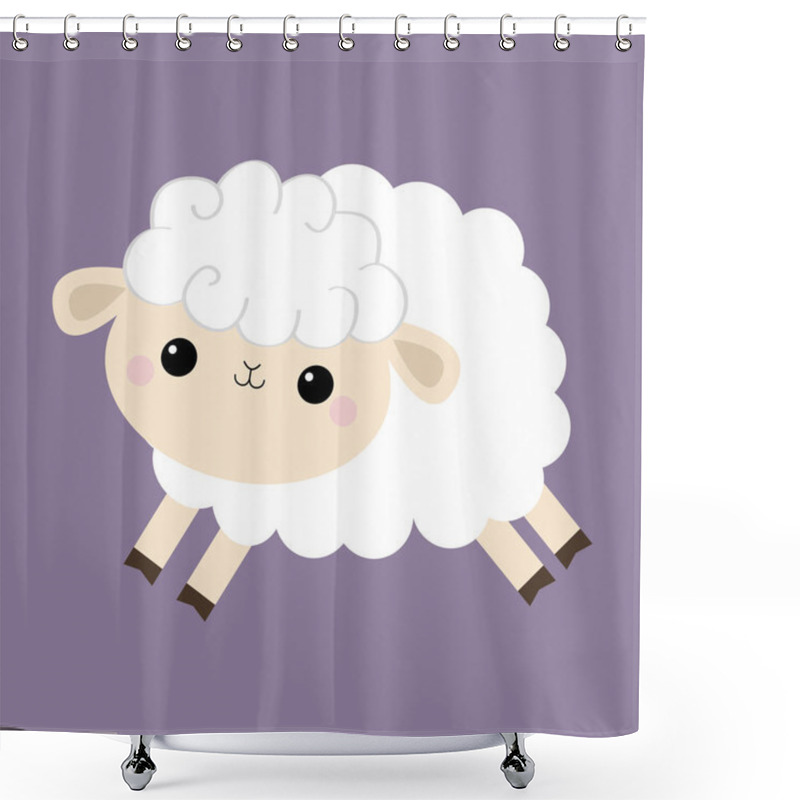 Personality  Sheep Lamb Icon. Cloud Shape. Jumping Animal. Cute Cartoon Kawaii Funny Smiling Baby Character. Nursery Decoration. Sweet Dreams. Flat Design. Violet Background. Isolated. Shower Curtains