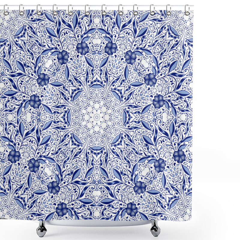 Personality  Seamless Lace Background With Flowers And Leaves In Blue Tones Of The Circular Ornaments. Shower Curtains