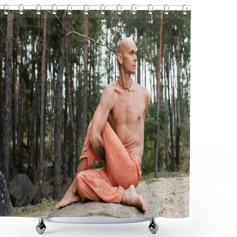 Personality  Shirtless Buddhist Meditating In Lord Of Fishes Pose In Forest Shower Curtains