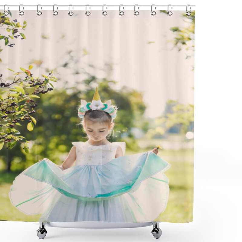 Personality  Close-up Portrait Of A Beautiful Girl In A Romantic Blue Cute Dress With In A Green Autumn Garden Park  Smiling Sunny Day Celebrates Halloween With Unicorn Shower Curtains