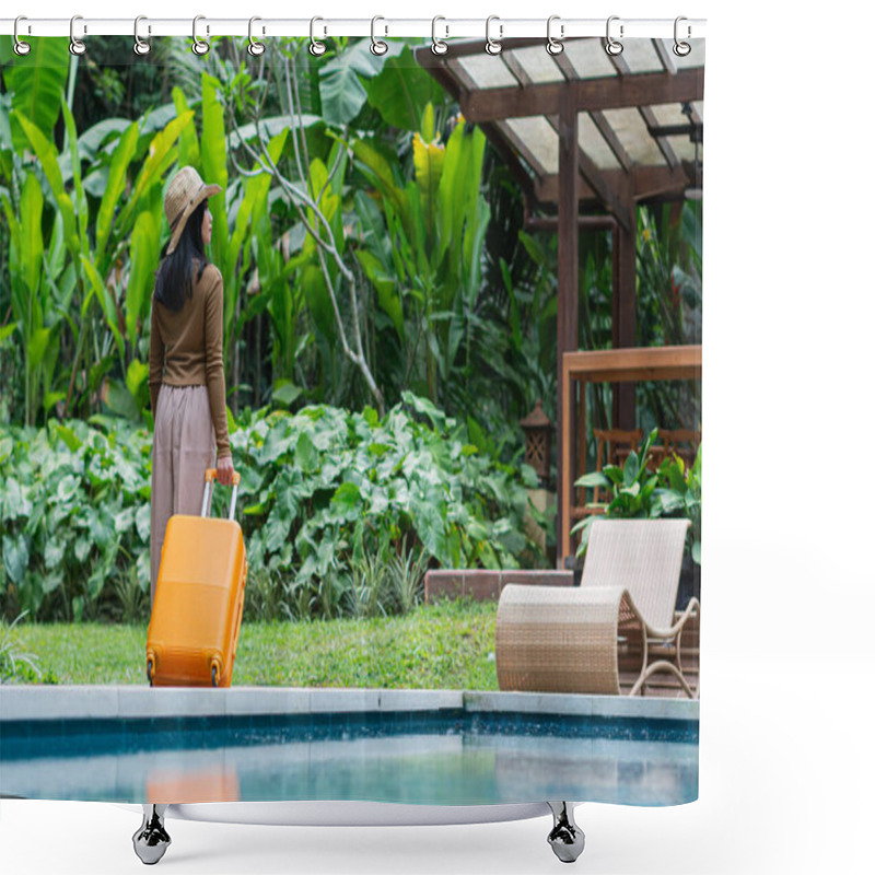 Personality  A Woman Walking By A Poolside With An Orange Suitcase, Wearing A Hat And Stylish Outfit. The Background Features Lush Greenery And A Wooden Structure, Creating A Tropical Vacation Vibe. Shower Curtains