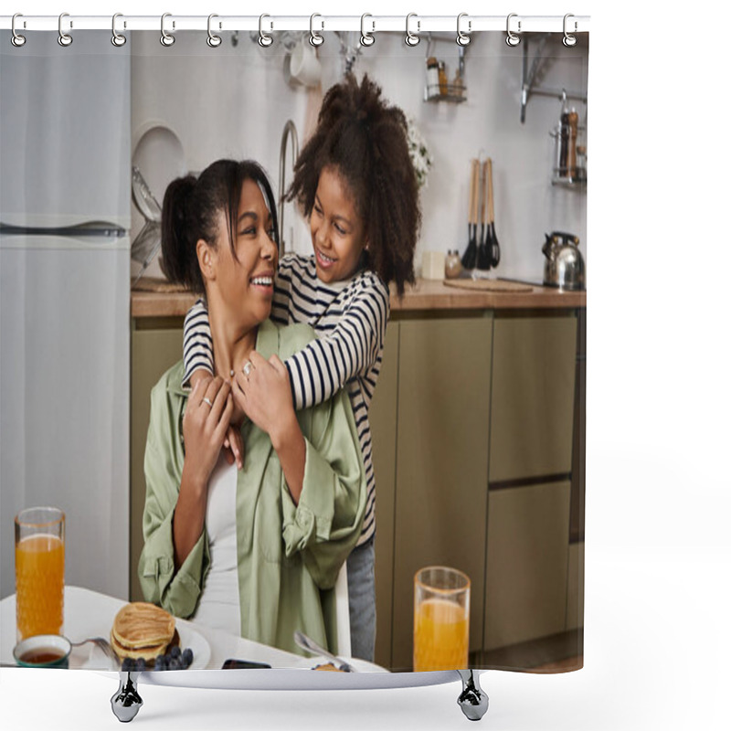 Personality  A Mother Enjoys Playful Affection From Her Daughter While Sharing Breakfast At Home. Shower Curtains