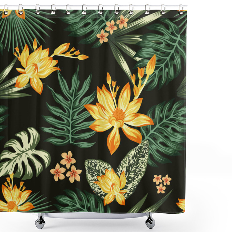 Personality  Orange Lily Flowers Green Leaves Seamless Black Background Shower Curtains