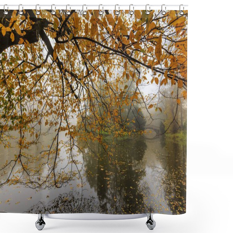 Personality  Scenic View Of Misty Autumn Landscape With Beautiful Old Bridge  Shower Curtains