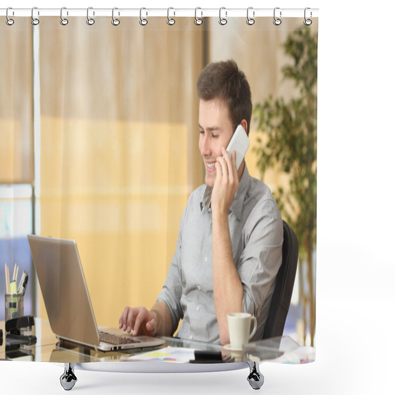 Personality  Freelance Working On Line And Talking On Phone Shower Curtains