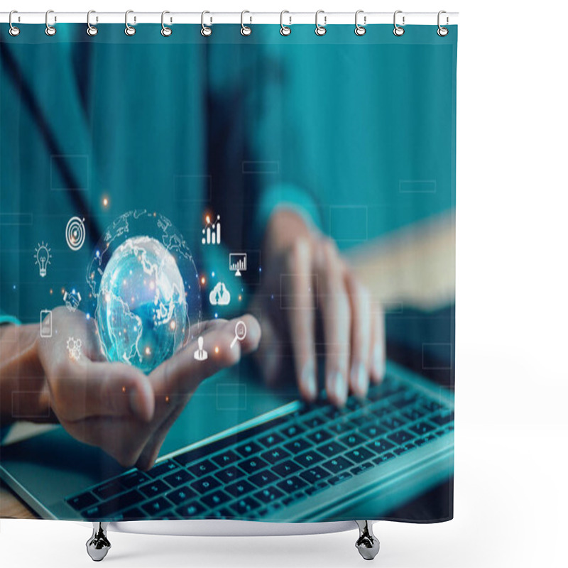 Personality  Hand Shows The Globe. Concept Of Global Internet Connection Big Data Digital Link Technology, And Business Digital Marketing. Internet Banking, Financial, Business Tech International Market Shower Curtains