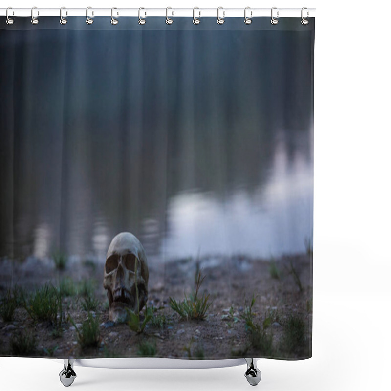 Personality  A Human Skull In The Fog And Twilight On The Shore Of A Lake With Tall Grass. Horrible The Concept Of Halloween, Scary Skull Layout At Dusk. Shower Curtains