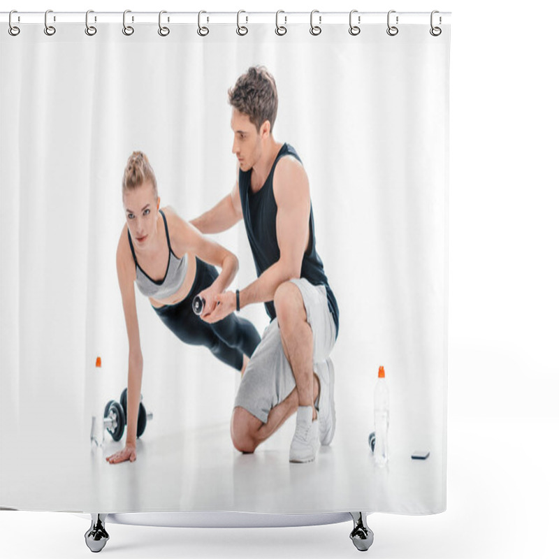 Personality  Girl Doing Exercise With Trainer Shower Curtains