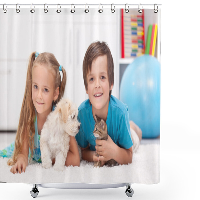 Personality  Happy Kids With Their Pets - A Dog And A Kitten Shower Curtains