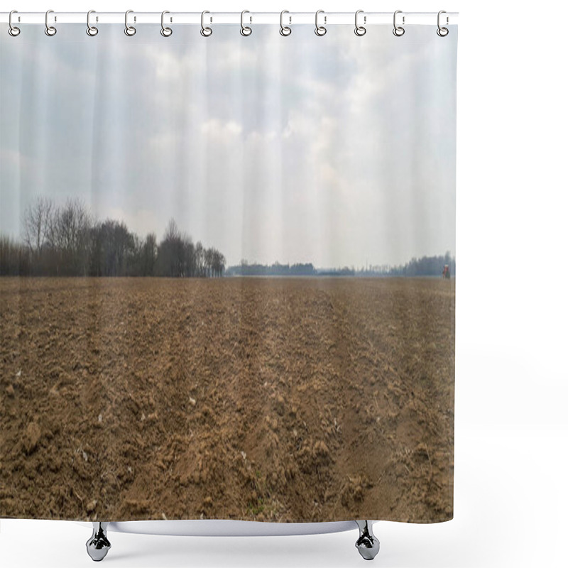 Personality  A Wide, Plowed Field Under A Cloudy Sky, Creating A Serene Rural Landscape. Perfect For Agriculture-themed Projects. Shower Curtains