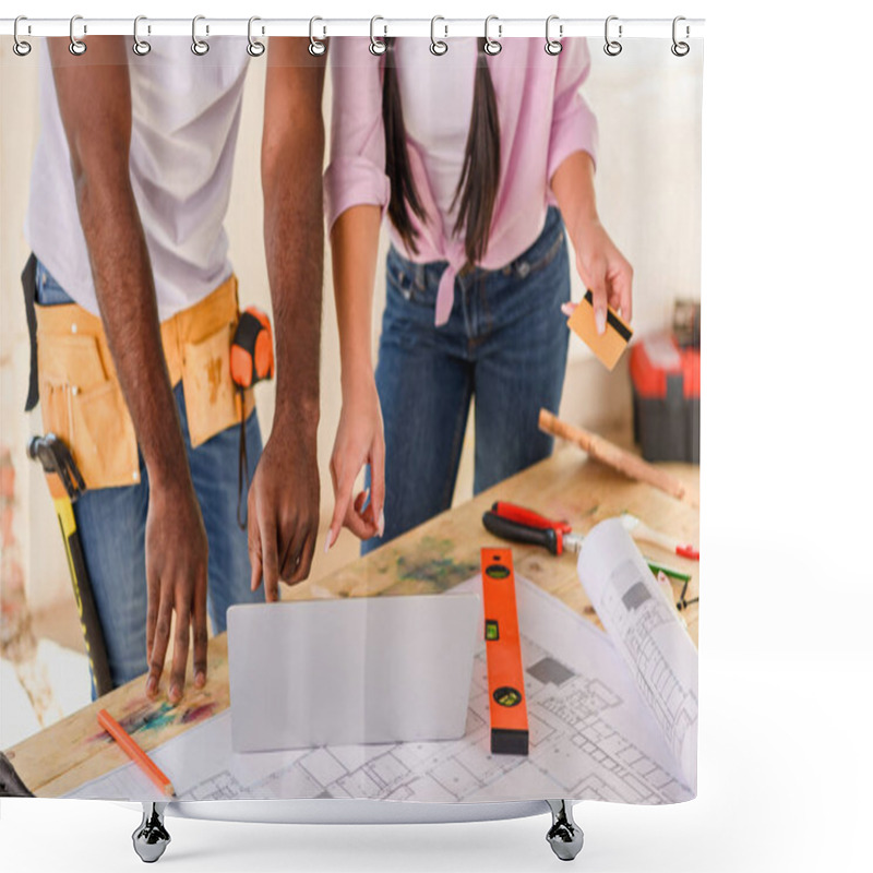 Personality  Cropped Shot Of Couple Using Laptop While Making Renovation Of Home Shower Curtains