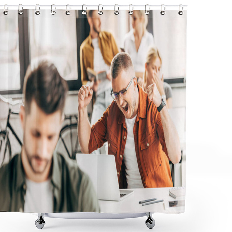 Personality  Successful Businessman Celebrating Victory While Working On Startup At Open Space Office Shower Curtains