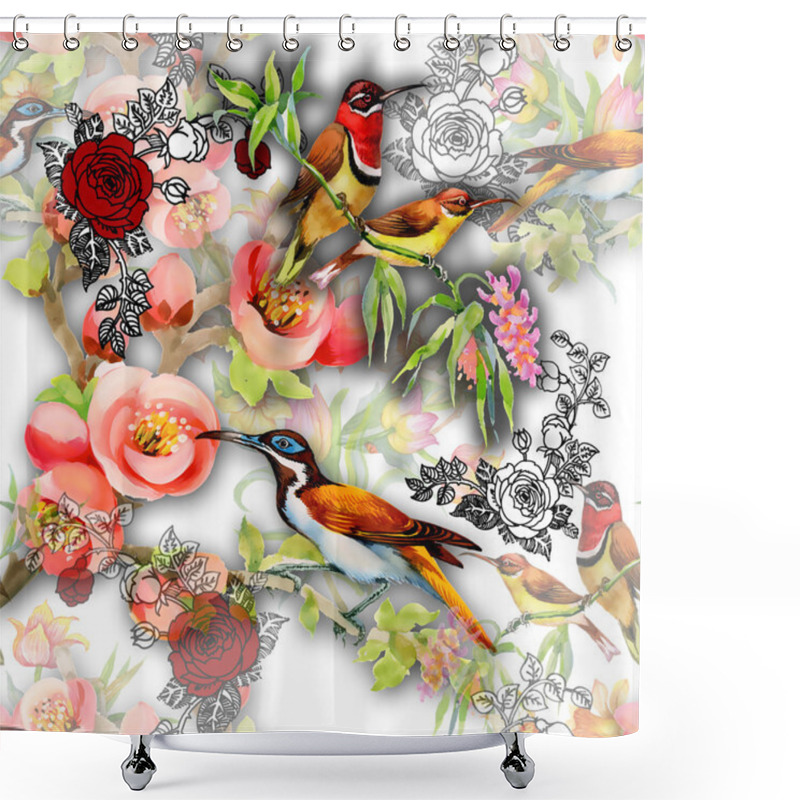 Personality  Seamless Pattern With Birds And Flowers Shower Curtains