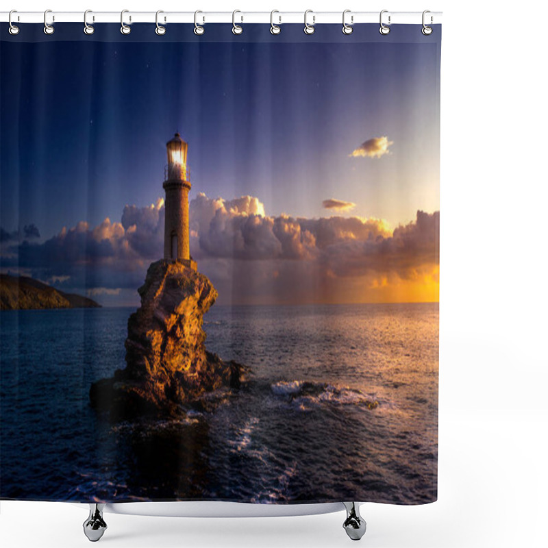 Personality  The Beautiful Lighthouse Tourlitis Of Chora At Night. Andros Island, Cyclades, Greece Shower Curtains