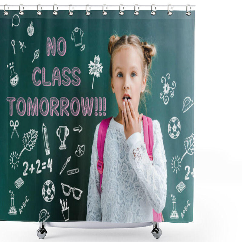 Personality  Surprised Schoolgirl Covering Mouth Near Chalkboard With No Class Tomorrow Lettering On Green  Shower Curtains