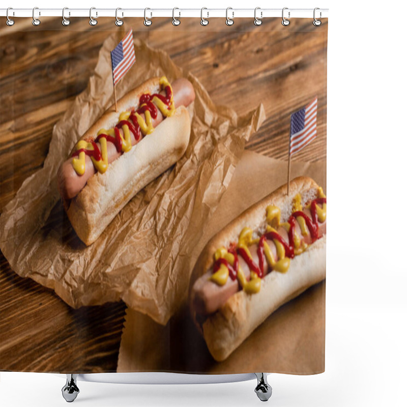 Personality  Hot Dogs With Ketchup, Mustard And Small American Flags On Kraft Paper And Wooden Table Shower Curtains