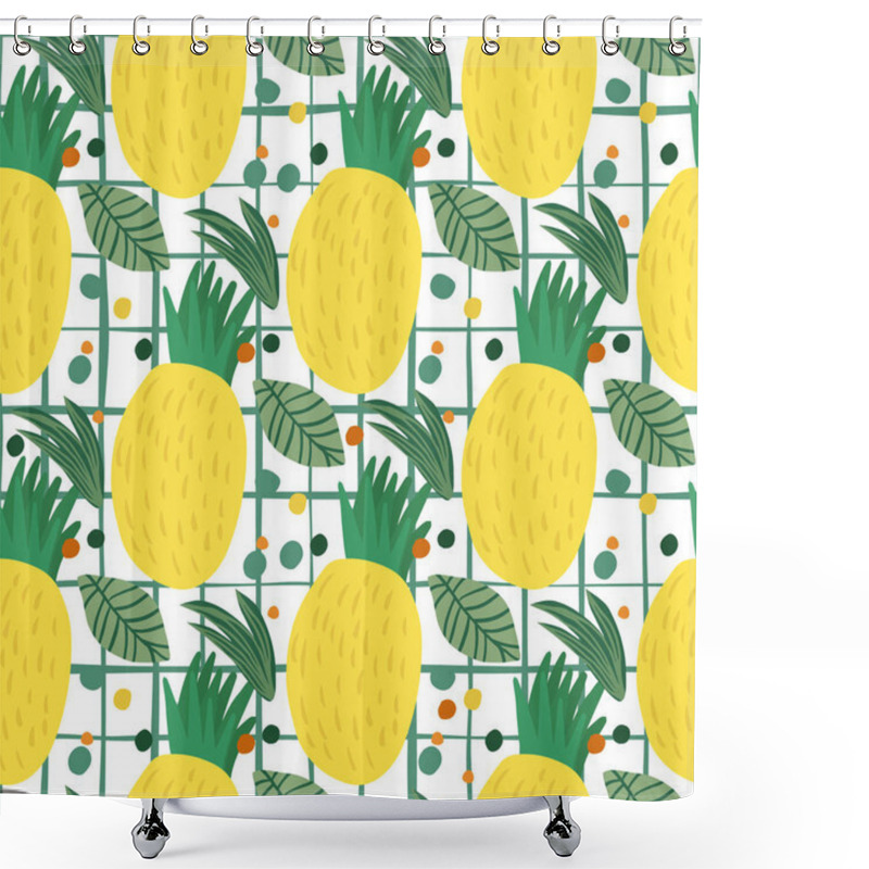 Personality  Pineapple Seamless Pattern On Stripe Background. Hand Drawn Pineapple Shower Curtains