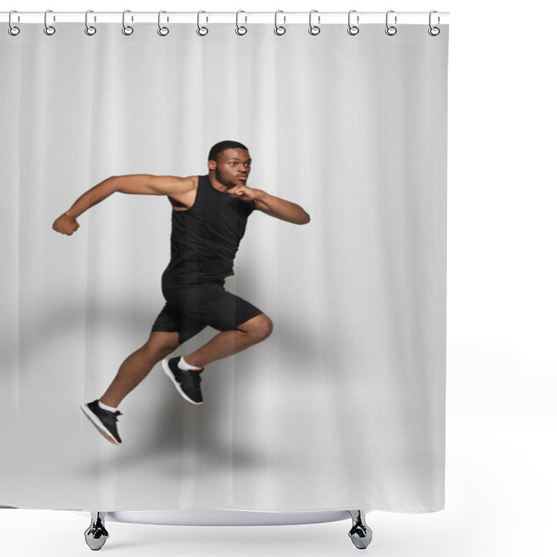 Personality  Full Length Of Fast African American Sportsman Levitating While Running On Grey  Shower Curtains