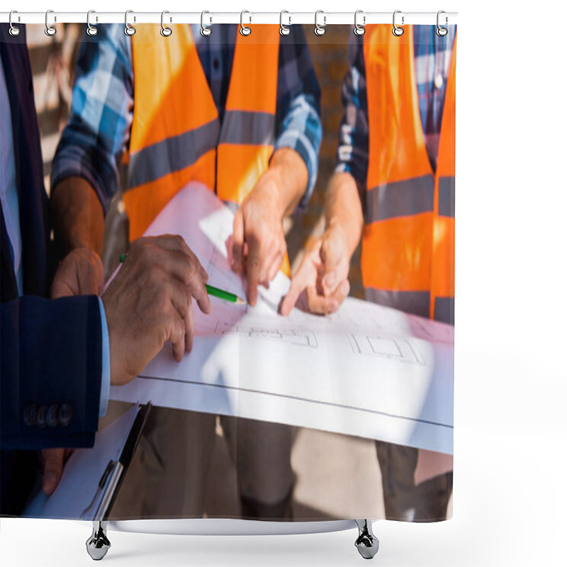 Personality  Cropped View Of Businessman Holding Pencil Near Blueprint And Builders  Shower Curtains