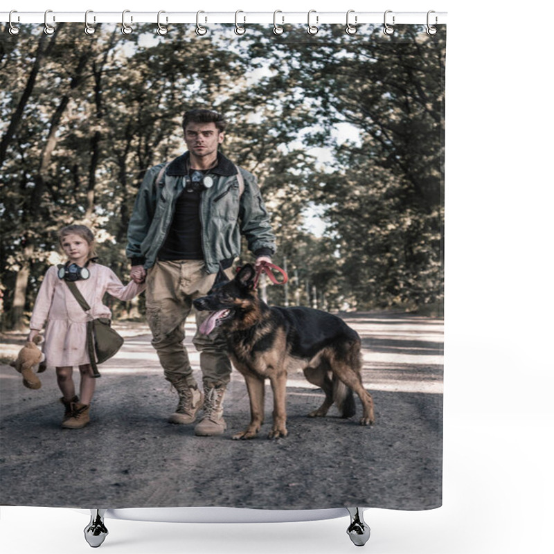 Personality  Man Holding Hands With Kid And Walking With German Shepherd Dog, Post Apocalyptic Concept  Shower Curtains