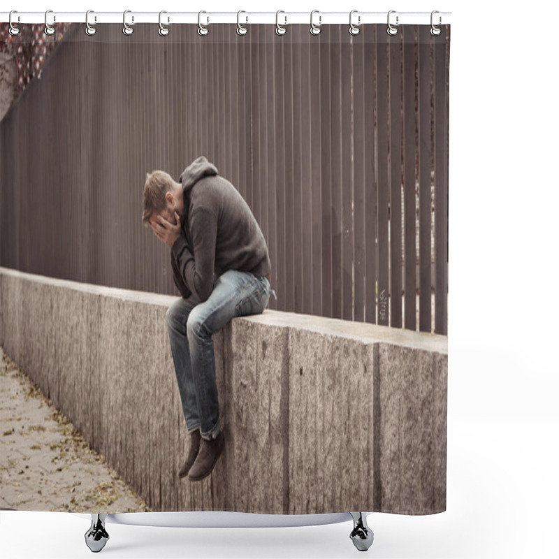 Personality  Young Attractive Man Suffering From Depression Stress Sitting Alone And Sad On The Street Feeling Anxious And Lonely In Unemployment Mental Health Drug And Alcohol Addiction Concept. Shower Curtains