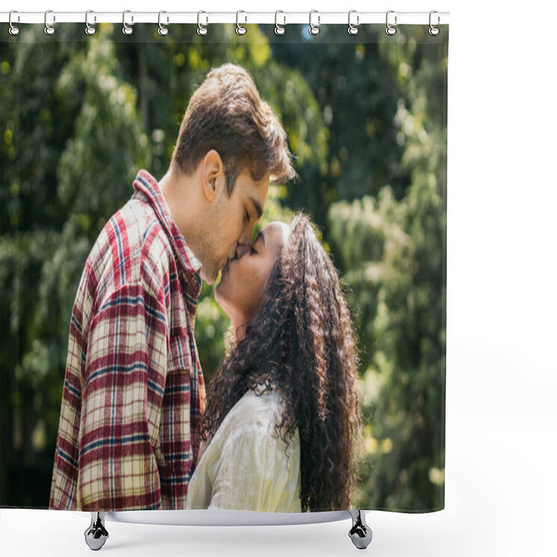 Personality  Interracial Young Couple Hugging And Kissing In The Park Shower Curtains