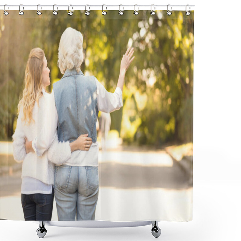 Personality  Energetic Old Woman Walking With Daughter In The Park Shower Curtains