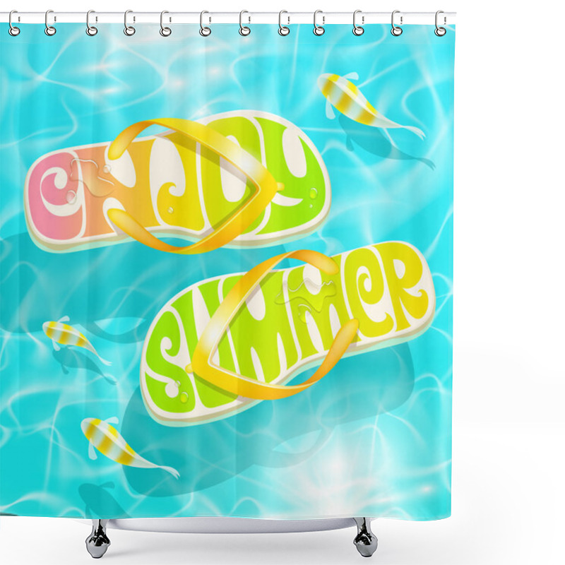 Personality  Flip-flop With Summer Greeting Floating On Water With Tropical Fishes - Summer Holidays Vector Design Shower Curtains