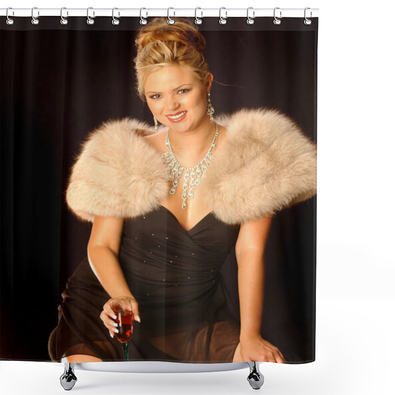 Personality  Sliver Necklace And Earrings Black Formal Dinner Dress Tan Fur Stole Elegant Blonde Sitting Down Drinking A Glass Of Pink Wine Getting Ready To  Of Go Out To Fashionably Affair   Shower Curtains