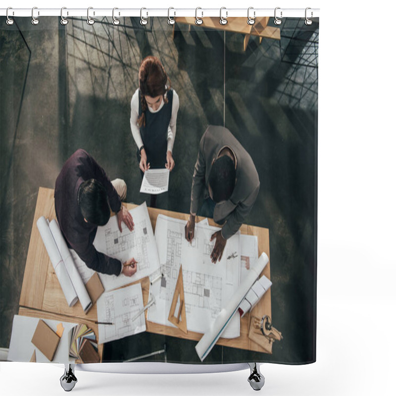 Personality  High Angle View Of Team Of Architects Working At Office Shower Curtains