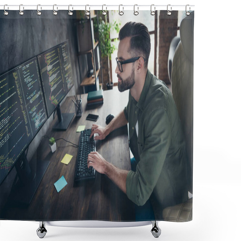 Personality  Profile Side View Portrait Of Attractive Focused Intellectual Guy Nerd Tech Support Typing Html At Work Workplace Workstation Indoors Shower Curtains