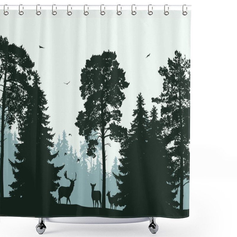 Personality  Landscape With Green Forest, Deer And Flying Birds Shower Curtains