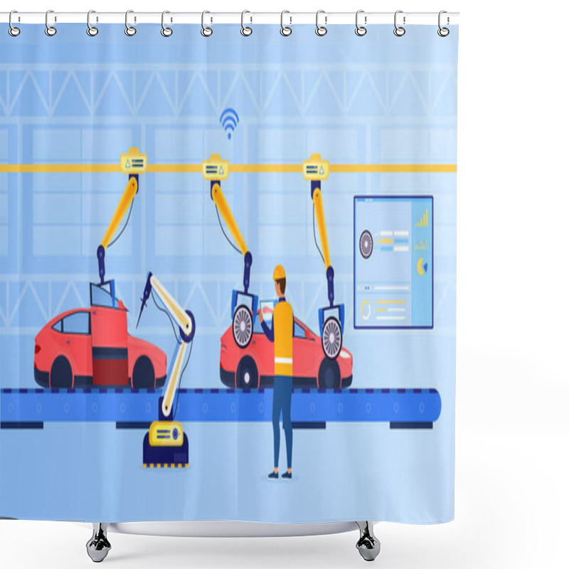 Personality  An Engineer At A Futuristic Factory Sets Up An Assembly Line Using A Tablet. Automotive Line. Industry Technology Concept. Car Production. Industry 4.0. Production Automation. Flat Vector Illustration Shower Curtains