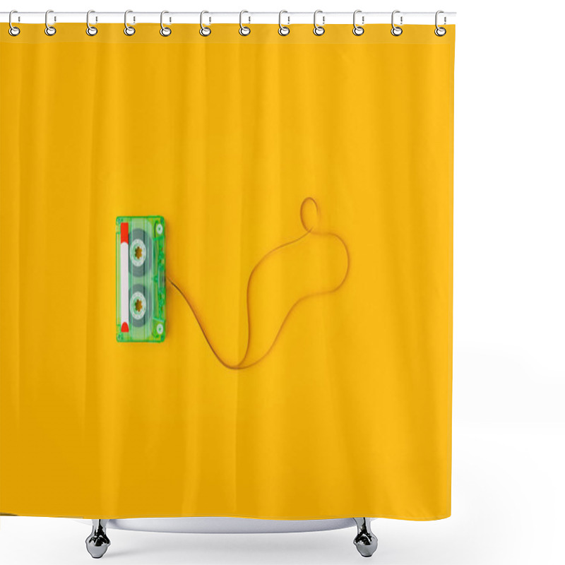 Personality  Top View Of Audio Cassette With Tangled Tape On Bright Yellow Background With Copy Space, Minimalistic Composition Shower Curtains