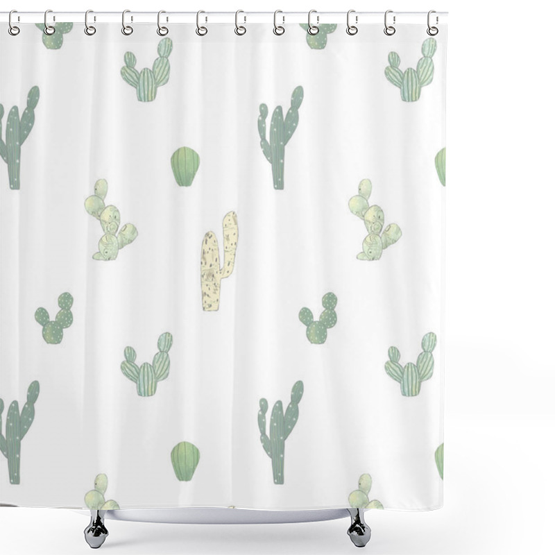 Personality  Watercolor Pattern With Different Cactus. Bright Repeated Texture With Green Cacti. Natural Hand Drawing Background With Desert Plants. Shower Curtains