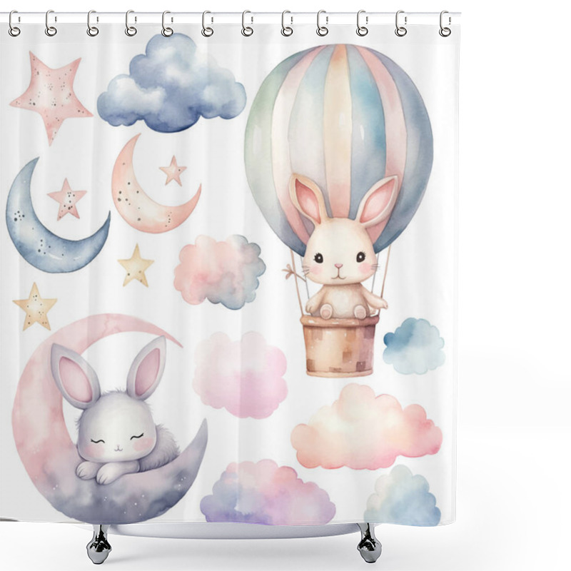 Personality  Watercolor Bunny, Sleeping Rabbit. Set Of Vector Hand Drawn Nursery Elements, Clouds, Moon, Stars, Wall Stickers. Shower Curtains