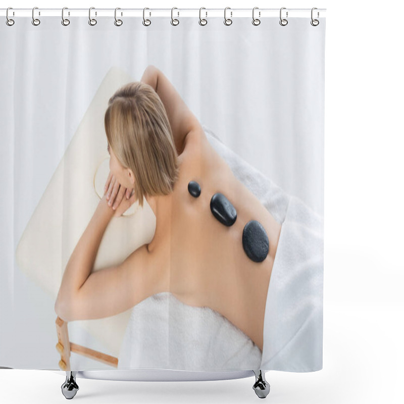 Personality  High Angle View Of Young Woman Receiving Hot Stone Massage Isolated On White Shower Curtains