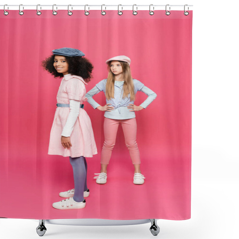 Personality  Stylish Girl Posing With Hands On Hips Near Happy African American Girl Looking At Camera On Pink Shower Curtains