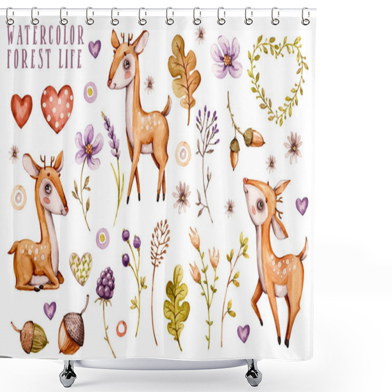 Personality  Cute Baby Deer Animal For Kindergarten, Nursery Isolated Illustration For Children Clothing, Pattern, Prints. Watercolor Hand Drawn Boho Image Shower Curtains