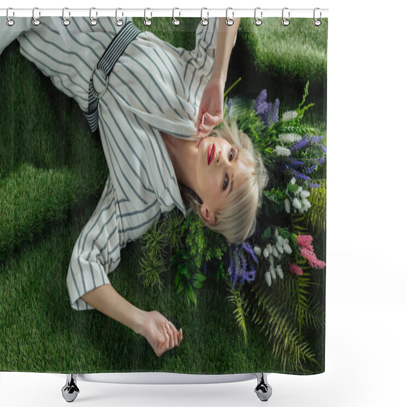 Personality  High Angle View Of Beautiful Stylish Young Woman Looking At Camera While Lying On Artificial Grass With Fern And Flowers Shower Curtains