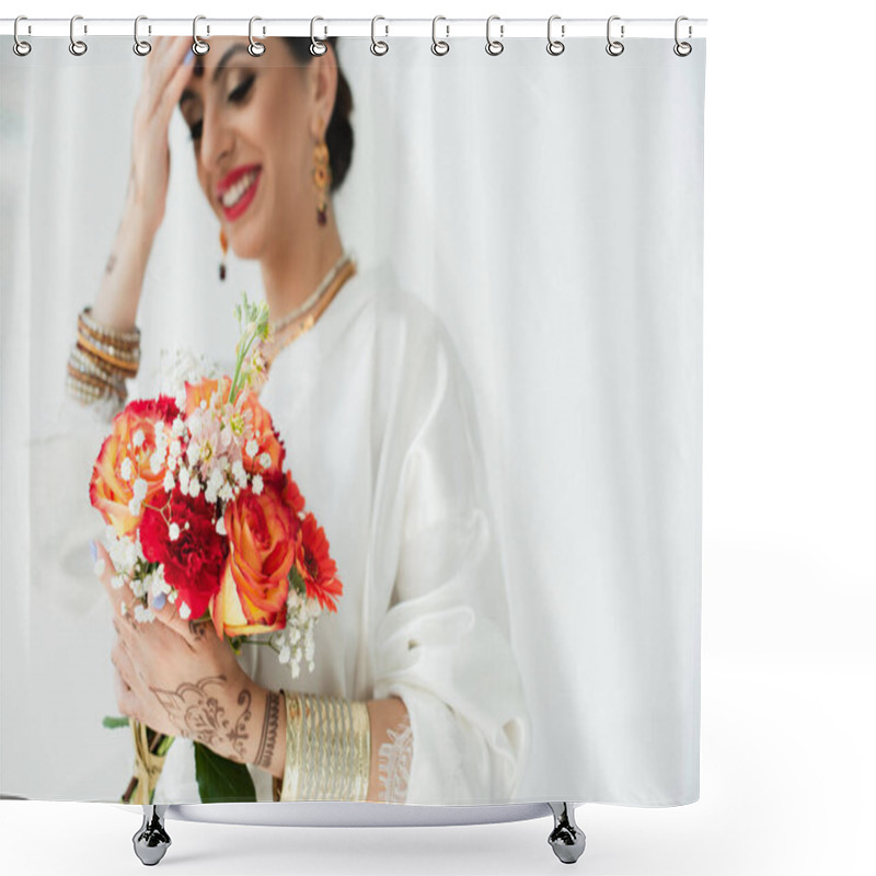 Personality  Young Blurred Indian Bride With Mehndi Smiling While Holding Bouquet Of Flowers On White Shower Curtains