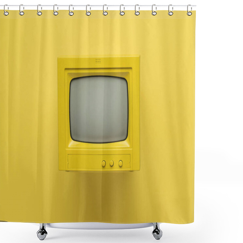 Personality  Yellow Retro Monitor With A Ray Tube On A Yellow Background. Retro Equipment. Flat Lay. Shower Curtains