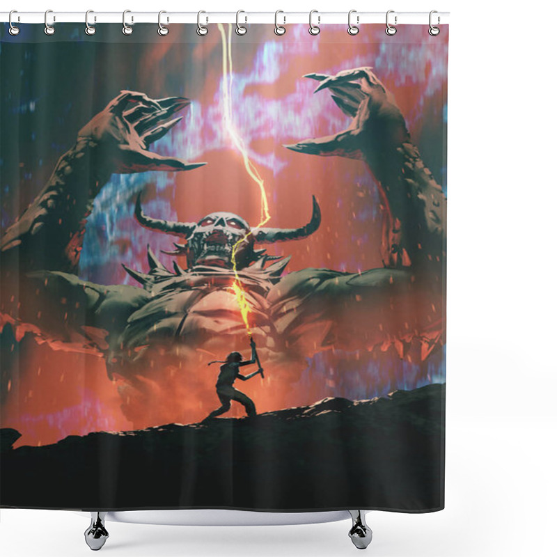 Personality  A Female Warrior Wields A Lightning-charged Weapon, Confronting A Massive Horned Demon In An Intense, Otherworldly Fantasy Battle Scene. Shower Curtains