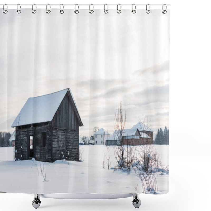 Personality  Wooden Old Houses In Mountain Village In Snowy Carpathians Shower Curtains