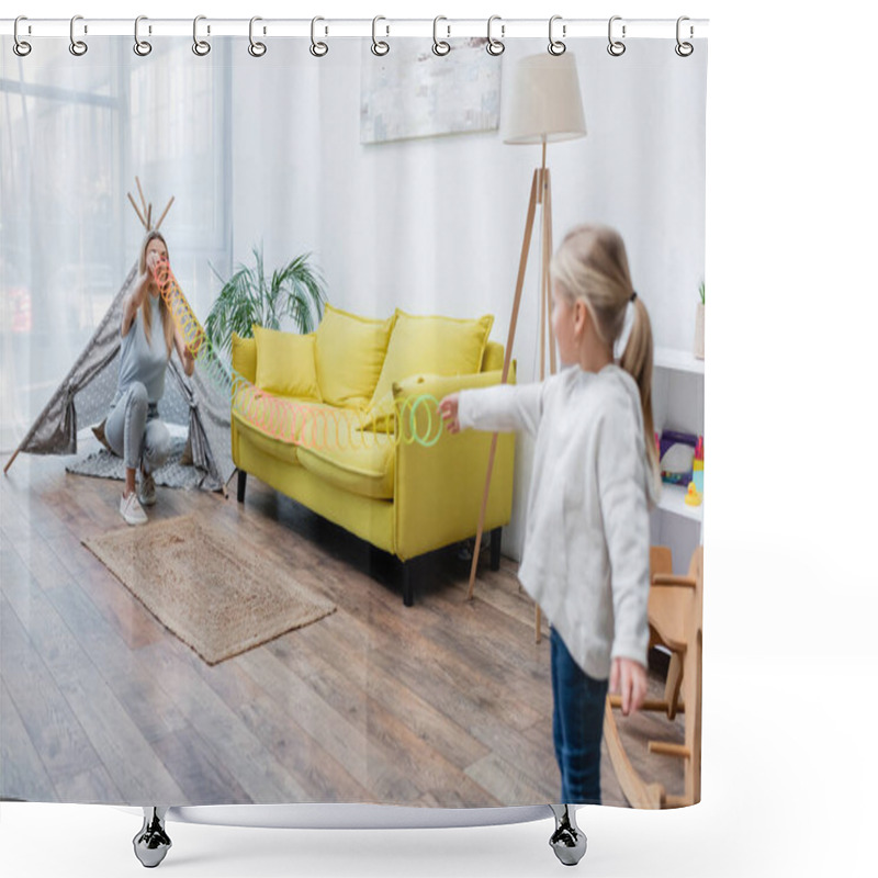 Personality  Blurred Kid Playing With Slinky And Mom At Home  Shower Curtains