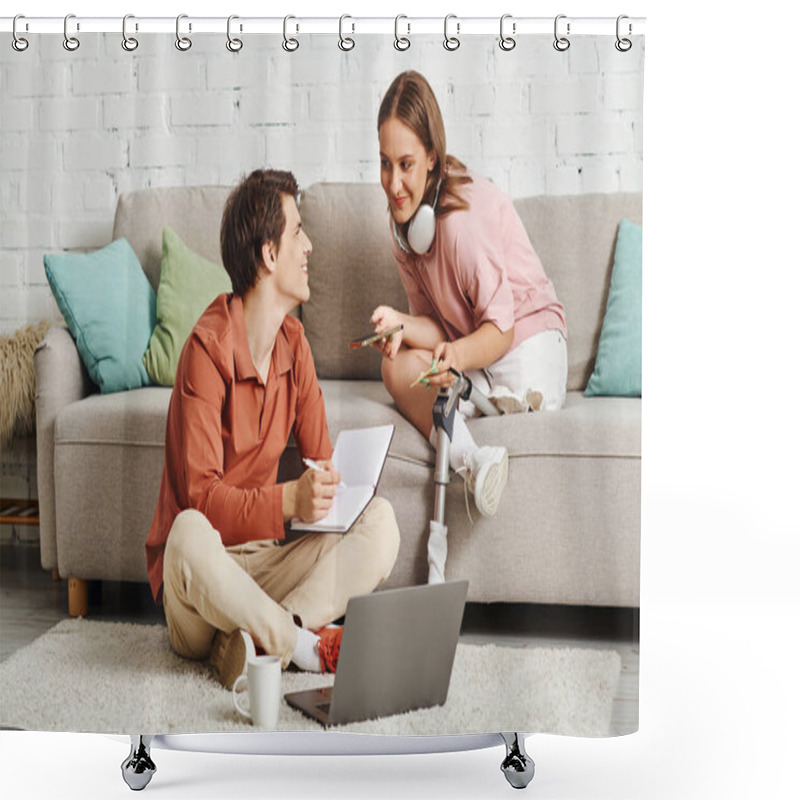 Personality  A Woman With A Prosthetic Leg And Her Boyfriend Working Together At Home. Shower Curtains