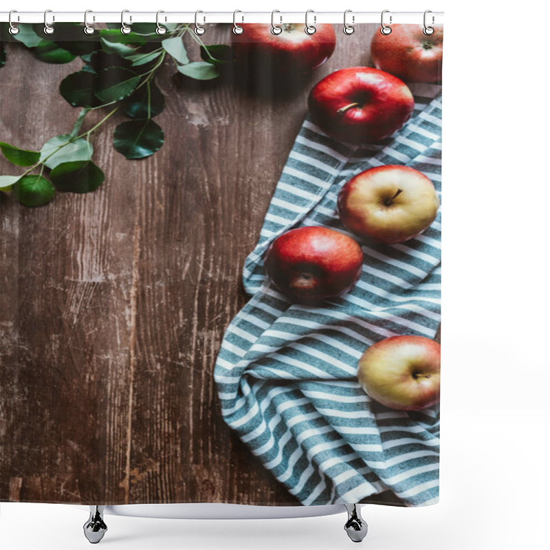 Personality  Flat Lay With Arranged Ripe Apples, Linen And Green Leaves On Wooden Tabletop Shower Curtains